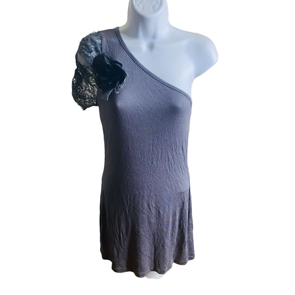 Profile gray one shoulder floral lace mini dress size S